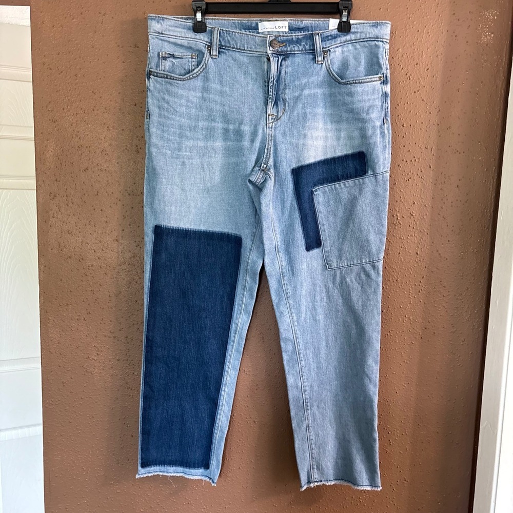 Loft Patchwork Boyfriend Jeans Light Wash Raw Hem Denim Size 30 10 NEW